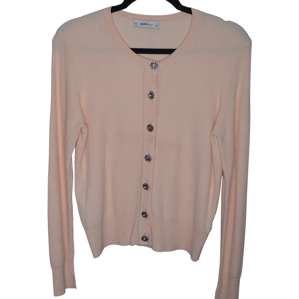 Zara Knit Cardigan Sweater Pink Jeweled Button Down Long Sleeve SKU227